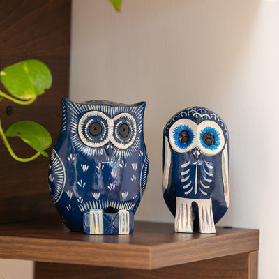 'The Silent Owl Pair' Hand-Painted Showpiece In Wood (Set of 2)