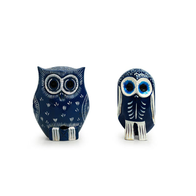 'The Silent Owl Pair' Hand-Painted Showpiece In Wood (Set of 2)