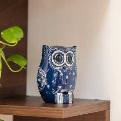'The Enlightened Owl' Hand-Painted Showpiece In Wood