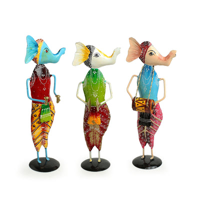 Melodious Ganesha Trio' Handpainted Decorative Showpieces In Metal (Set of 3 | 12 Inch)