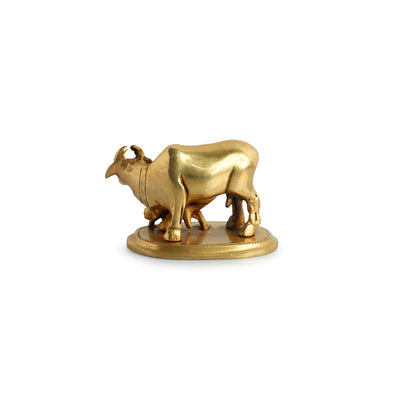 Kamdhenu Cow With Calf' Hand Crafted Brass Showpiece Idol (Hand-Etched | 0.3 Kg)