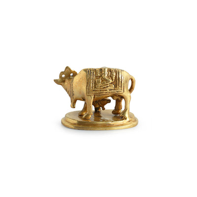 Kamdhenu Cow With Calf'  Brass Showpiece Idol (Hand-Etched | 0.3 Kg)
