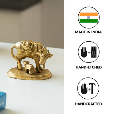 Kamdhenu Cow With Calf'  Brass Showpiece Idol (Hand-Etched | 0.3 Kg)