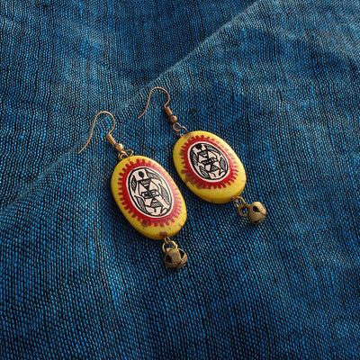 Tribal Warli Ovates' Bohemian Resin Earrings Hand-painted In Warli Art (Amber Yellow & Red)