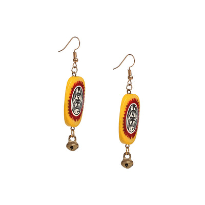 Tribal Warli Ovates' Bohemian Resin Earrings Hand-painted In Warli Art (Amber Yellow & Red)