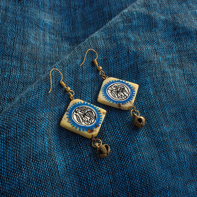 Tribal Warli Squares' Bohemian Resin Earrings Hand-painted In Warli Art (Blue & Ivory)
