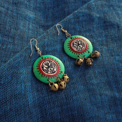 Tribal Warli Rounds' Bohemian Resin Earrings Hand-painted In Warli Art (Shamrock Green)