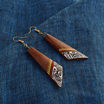 Trapezial Tribal Warli' Bohemian Earrings Hand-painted In Warli Art (Sheesham Wood)