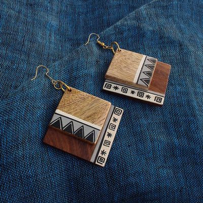 Aztec Pair' Bohemian Earrings Hand-painted In Aztec Pattern (Sheesham Wood)