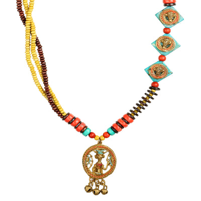Tribal Men Faces' Bohemian Brass Necklace Handcrafted In Dhokra Art (Matinee)