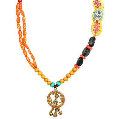 Tribal Man Beaded' Warli Hand-painted Bohemian Brass Necklace Handcrafted In Dhokra Art (Matinee)