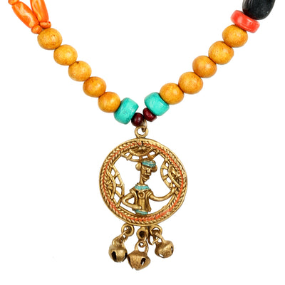 Tribal Man Beaded' Warli Hand-painted Bohemian Brass Necklace Handcrafted In Dhokra Art (Matinee)