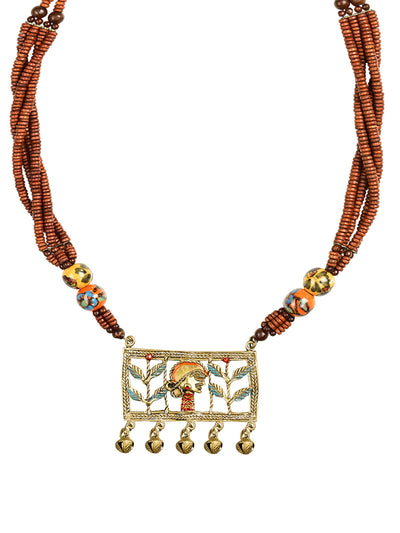 Tribal Lady Beaded' Bohemian Brass Necklace Handcrafted In Dhokra Art (Matinee)