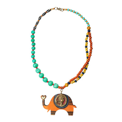 Tribal Elephant' Bohemian Brass Necklace Handmade In Dhokra Art (Brass | Wood | Matinee)