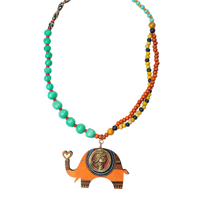 Tribal Elephant' Bohemian Brass Necklace Handmade In Dhokra Art (Brass | Wood | Matinee)