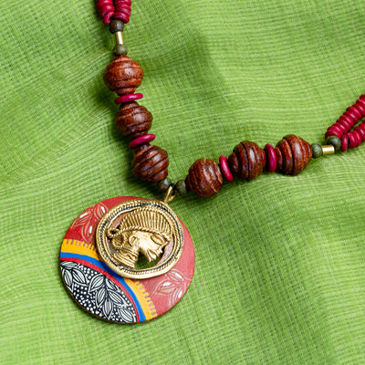 Tribal Dhokra Maroon' Bohemian Brass Necklace Handmade In Dhokra Art (Brass | Wood | Bib)