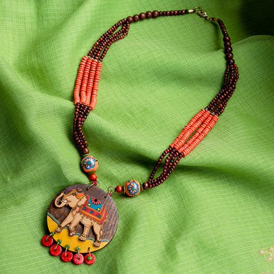Tribal Elephant' Hand-painted Bohemian Necklace (Teak Wood | Opera)