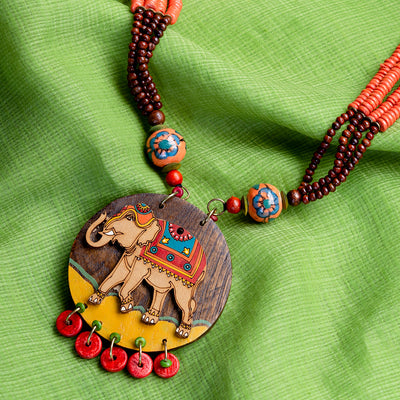 Tribal Elephant' Hand-painted Bohemian Necklace (Teak Wood | Opera)