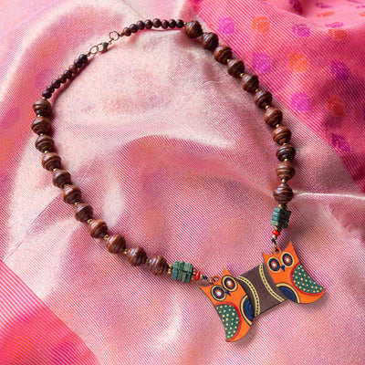 'Symphony of Owls' Bohemian Handpainted Necklace In Recycled Wood
