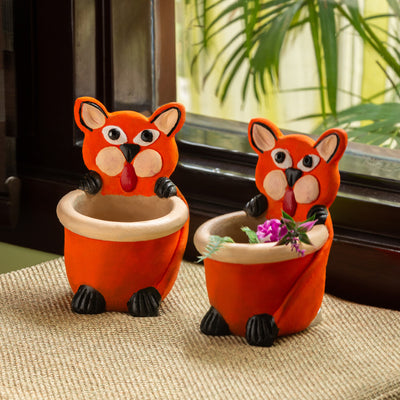 Fiesty Fox' Handmade & Hand Painted Planter Pot In Terracotta (Set of 2 | 4 Inches)