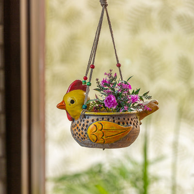 'Happy Hen' Handmade & Hand Painted Hanging Planter Pot In Terracotta (9 Inches)