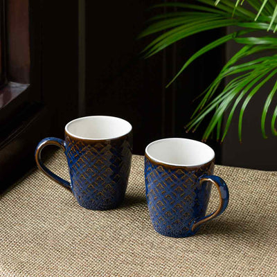 Moroccan Midnight Blue' Hand Glazed & Embossed Coffee Mugs In Ceramic (Set Of 2 | 300 ML | Microwave Safe)