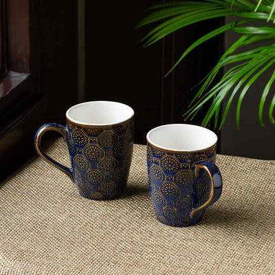 Moroccan Night Sky' Hand Glazed & Embossed Coffee Mugs In Ceramic (Set Of 2 | 300 ML | Microwave Safe)