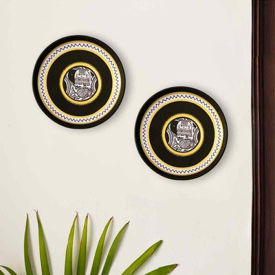 The Madhubani Tales' Hand Painted Terracotta Wall Plates Wall Décor (8 inch | Set of 2 | Black)
