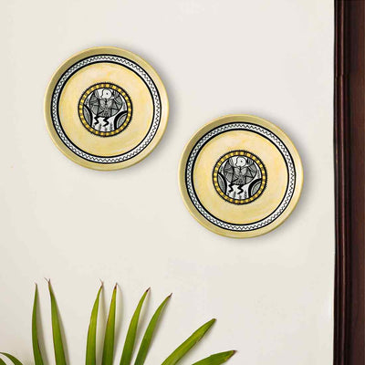 The Madhubani Tales' Hand Painted Terracotta Wall Plates Wall Décor (8 inch | Set of 2 | Cream)