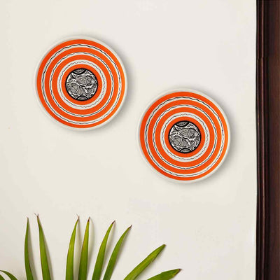The Madhubani Tales' Hand Painted Terracotta Wall Plates Wall Décor (8 inch | Set of 2 | White & Orange)