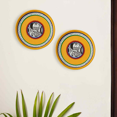 The Madhubani Tales' Hand Painted Terracotta Wall Plates Wall Décor (8 inch | Set of 2 | Yellow)