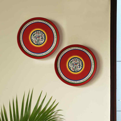 The Warli Tales' Hand-painted Terracotta Wall Plates Wall Décor (8 inch | Set of 2 | Red)