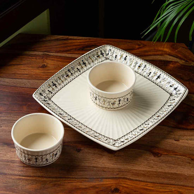 Whispers of Warli' Handcrafted Ceramic Dinner Plate With Dinner Katoris (3 Pieces | Serving for 1 | Microwave Safe)