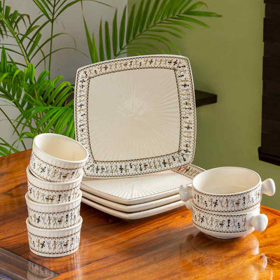 Whispers of Warli' Handcrafted Ceramic Dinner Plates | Serving Bowls & Dinner Katoris (10 Pieces | Serving for 4 | Microwave Safe)