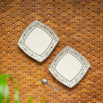 Whispers of Warli' Handcrafted Ceramic Side/Quarter Plates (Set of 2 | 7 Inches | Microwave Safe)