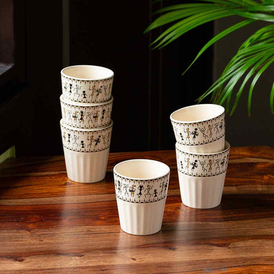 Whispers of Warli' Handcrafted Ceramic Tea Glasses (Set of 6 | 160 ML | Microwave Safe)