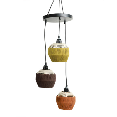 Jute Flares' Handwoven Adjustable Chandelier With Hanging Lamp Shades In Jute & Iron (3 Shades | 22 Inch)