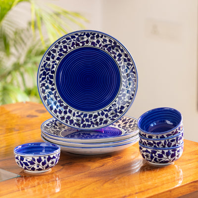 Badamwari Bagheecha-2' Hand-painted Ceramic Dinner Plates With Dinner Katoris (8 Pieces | Serving for 4 | Microwave Safe)