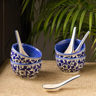 Badamwari Bagheecha-2' Hand-painted Ceramic Soup Bowls With Spoons (Set of 4 | 380 ML | Microwave Safe)