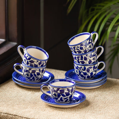 Badamwari Bagheecha-2' Hand-painted Ceramic Tea Cups & Saucers Set (Set of 6 | 120 ML | Microwave Safe)