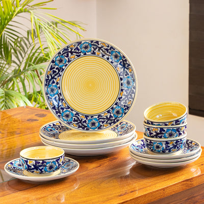 Badamwari Bagheecha' Hand-Painted Ceramic Dinner & Side/Quarter Plates With Dinner Katoris (12 Pieces | Serving for 4 | Microwave Safe)