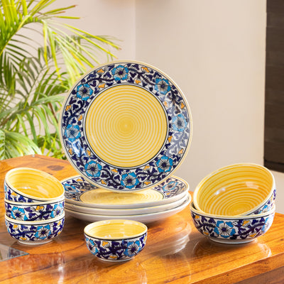 Badamwari Bagheecha' Hand-Painted Ceramic Dinner Plates | Serving Bowls & Katoris (10 Pieces | Serving for 4 | Microwave Safe)