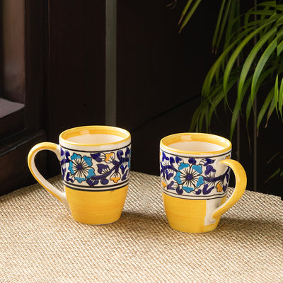 Badamwari Bagheecha' Hand-Painted Ceramic Tea & Coffee Mugs (Set of 2 | 240 ML | Microwave Safe)