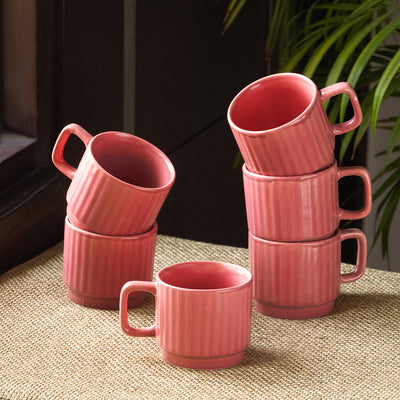 Coral Reef' Tea Cups In Ceramic (Set Of 6 | Hand Glazed Studio Pottery | Carmine Red)
