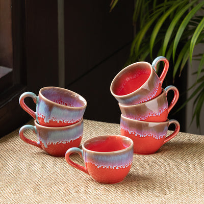 Coral Reef' Tea Cups In Ceramic (Set Of 6 | Hand Glazed Studio Pottery | Red & Cyan Blue)