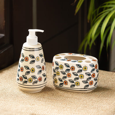 Cozy Crossandras' Hand-Painted Bathroom Accessory Set In Ceramic (Liquid Soap Dispenser | Toothbrush Holder)