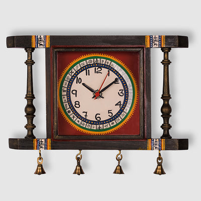 'Tribal Timing' Warli Hand-Painted Wall Clock In Teak Wood