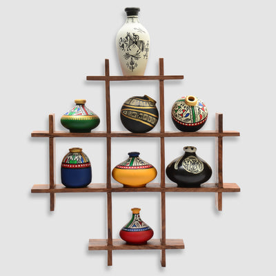 8 Terracotta Warli Handpainted Pots With Sheesham Wooden Frame Wall Hanging