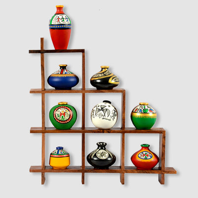 9 Terracotta Warli Handpainted Pots With Sheesham Wooden Frame Wall Hanging