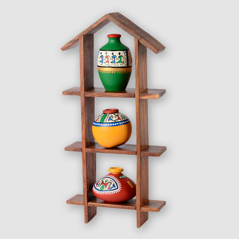 3 Terracotta Warli Handpainted Pots With Sheesham Wooden Hut Frame Wall Hanging
